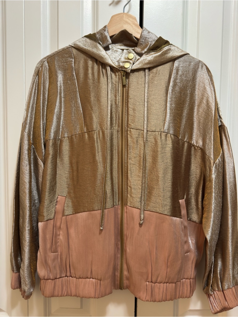 ZARA Metallic Gold & Pink Hooded Bomber Jacket XS
